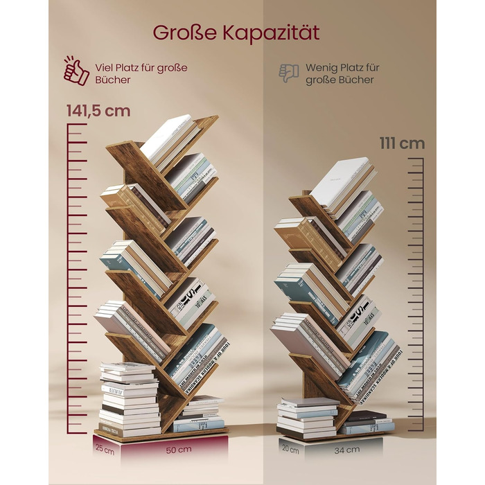 Книжкова полиця VASAGLE у формі дерева, 9-ярусна окремостояча полиця, компактна кутова полиця, полиця для зберігання речей у спальні, вітальні, домашньому офісі, вінтажний коричневий колір LBC11BX 9 ярусів (25 Г x 50 Ш x 141,5 В см) вінтажний коричневий к