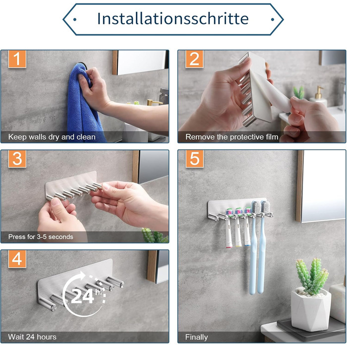Тримач для електричної зубної щітки OETAMS без свердління, настінний тримач для зубної щітки на 6 насадок для електричних щіток, тримач для зубної щітки з нержавіючої сталі, самоклеючий тримач для головки зубної щітки, срібний