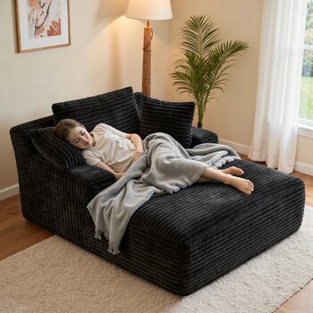 Сучасний вельветовий диван без кісток з функцією сну Диван Хмара з шезлонгом, 3 подушки, зручний диван для вітальні, не потребує складання чорна вельветова тканина