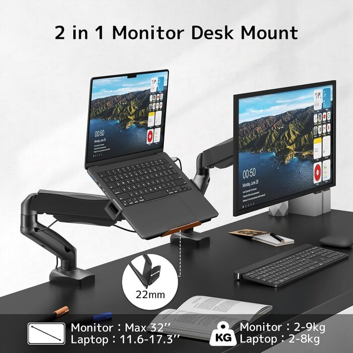 Універсальний тримач для ноутбука та монітора 2-в-1, для ноутбуків 11.6-17.3 та моніторів 17-32, навантаження до 9 кг, VESA 75/100 мм, кріплення на стіл (затискач та отвори)