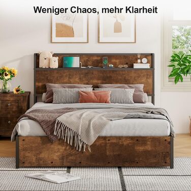 Ліжко з механізмом зберігання та підйому, ліжко-платформа з дерев&39яним узголів&39ям, відділеннями для зберігання та зарядною станцією, без матраца (коричневе, 140x200 см) Коричневий 140x200 см