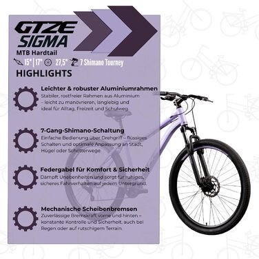 Колеса 27,5 дюймів Алюмінієва рама з амортизаційною вилкою 7-ступінчаста поворотна манетка Дискові гальма Для дітей та дорослих 90 попередньо зібрані 27,5 15 дюймів, колір лаванда