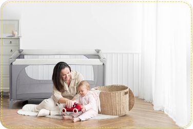 Дитяче ліжечко Ricokids, портативне, манеж, 125x65x78 см, вантажопідйомність 15 кг, складне, два колеса з гальмами, знімний бічний вхід, матрац, сумка, світло-сіре ліжечко, колір Hellgrau