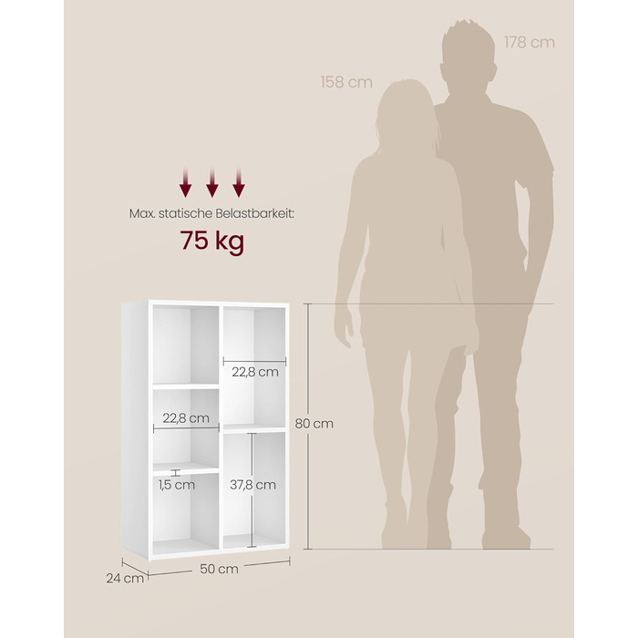 Книжкова шафа VASAGLE, книжкова полиця, з 5 відділеннями, офісна полиця, кубічна полиця, окремостояча полиця, для вітальні, спальні, офісу, дитячої кімнати, білий LBC25WT білий 5 відділень (24Г x 50Ш x 80В см)