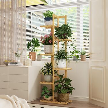 Підставка для рослин Bamworld, підставка для квітів, бамбукова полиця для рослин, кімнатна полиця для квітів, невелика металева підставка для квітів для тераси, саду, балкона, вітальні, спальні (6 ярусів), бамбук, 6 ярусів