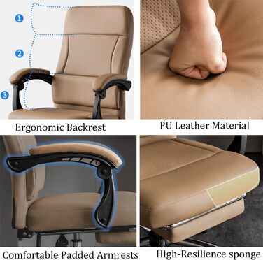 Офісне крісло з високою спинкою, ергономічні шкіряні крісла з подушкою сидіння, крісло з кутом відкидання 135 та поперековою опорою, поворотні крісла з регулюванням висоти (білий, B) Білий B
