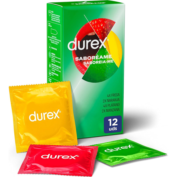 Презервативи Durex - &39Saboreame&39 з фруктовими смаками - полуниця, банан, апельсин та яблуко - 12 презервативів
