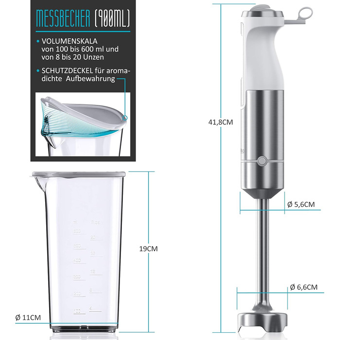 Ручний блендер 1000 Вт - ручний блендер з нержавіючої сталі - блендер - чотирилопатевий ніж - безступінчасте регулювання швидкості