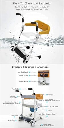 Гідравлічний підйомник сталевий підйомник інвалідного крісла з розділеним сидінням на 180 і інвалідним візком для перенесення горщика. Медичне крісло для пацієнта жовте
