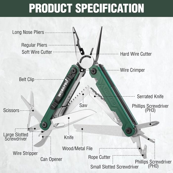 Багатофункціональні плоскогубці WORKPRO, багатофункціональний інструмент 18 в 1 Складаний багатофункціональний інструмент з нержав