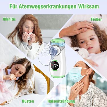 Інгалятор з цифровим дисплеєм, інгалятор для дорослих та дітей, інгалятор-небулайзер з маскою та мундштуком, надлегкий, маленький, зручний для перенесення, зелений