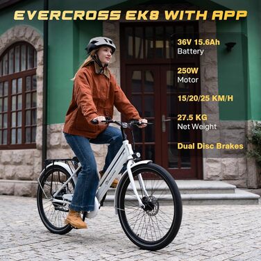 Електричний велосипед EVERCROSS EK8 для дорослих, 26-дюймовий електровелосипед - двигун 250 Вт, акумулятор 36 В 10,4 Аг, 15/20/25 км/год, максимальне навантаження 120 кг, гірський електровелосипед для жінок та чоловіків, білий стандарт