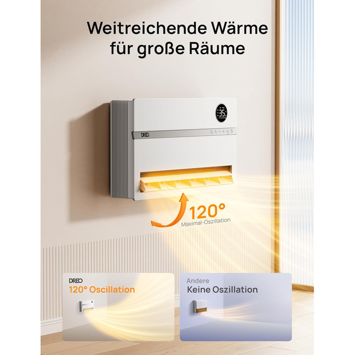 Розумний електричний обігрівач Dreo, настінний конвекторний обігрівач потужністю 2000 Вт з пультом дистанційного керування та застосунком, коливання 120, 5 режимів, 3 швидкості, 24-годинний таймер, енергозберігаючий керамічний обігрівач PTC з термостатом