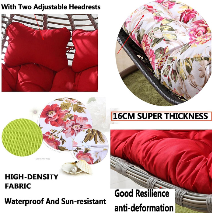 Яйцеподібна подушка для подвійного підвісного шезлонга-гойдалки, м&39яка, глибока подушка, подушка для двомісного крісла-гойдалки для використання на вулиці з ремінцями, повністю наповнена, не згинається (кавовий колір)