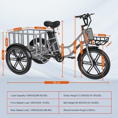 Дюймовий триколісний електровелосипед, знімний акумулятор 48 В 18 Аг, розблокування NFC, передачі вперед і назад, з товстими шинами, фара, вантажний велосипед, вантажопідйомність 200 кг, сірий, 20-