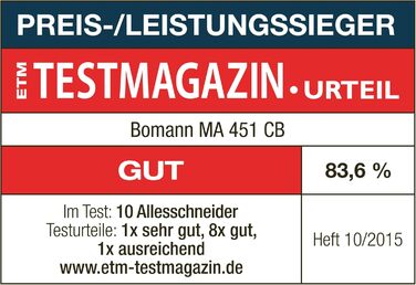 Нарізка їжі Bomann з ножем з нержавіючої сталі Ø 190 мм Електрична хліборізка з плавним регулюванням товщини різання (015 мм) Різальний верстат з металевим корпусом 150 Вт МА 451 ЦБ