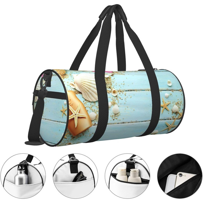 Спортивна сумка, дорожня сумка, пляжна тематика, принт мушлі, сумка на нічліг, чорна, універсальний розмір, сумка для подорожей