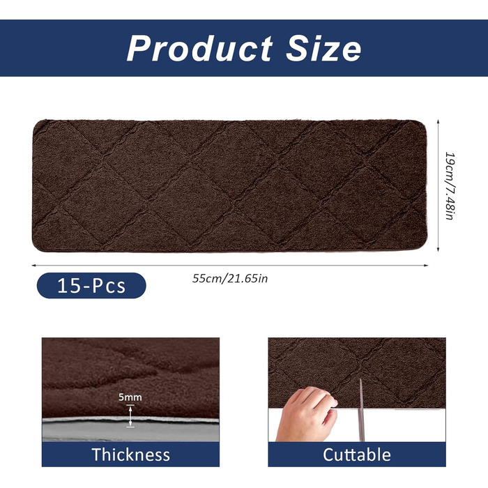 Килимки для сходів 55x19 см, самоклеючі протиковзкі килимки для сходів для використання в приміщенні, багаторазові, можна різати для дерев&39яних сходів, ідеально підходять для дітей, людей похилого віку, домашніх тварин (коричневі - з ромбоподібним візер