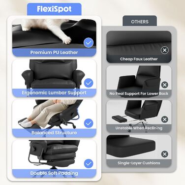 Ергономічне крісло FLEXISPOT 3-в-1 для відпочинку та офісу з функцією розкладання на 160, висувною підставкою для ніг, товстою комфортною подушкою з поліуретану. Ідеально підходить для роботи, відпочинку та дрімоти. CloudRest Gloss Black