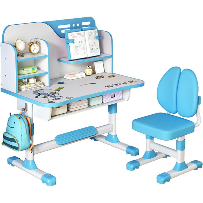Ергономічний стіл та стілець для дітей, регульований по висоті робочий стіл з книжковою полицею, шухлядою та поперековою опорою, стіл та стілець для спальні, синій