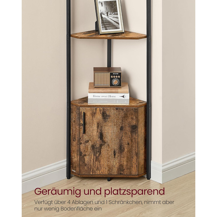 Кутова полиця VASAGLE з місцем для зберігання, окремостояча полиця, 5-ярусна полиця для зберігання, для вітальні, спальні, кухні, ванної кімнати, вінтажний коричневий-чорний LBC580K01 Вінтажний коричневий чорнильний