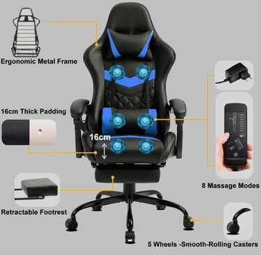 Ігрове крісло Delman, гоночне крісло, офісне крісло, комп&39ютерне крісло, масажне крісло з 6 точками вібрації, крісло керівника, штучна шкіра, ергономічна підставка для ніг 12-0037 (синє)