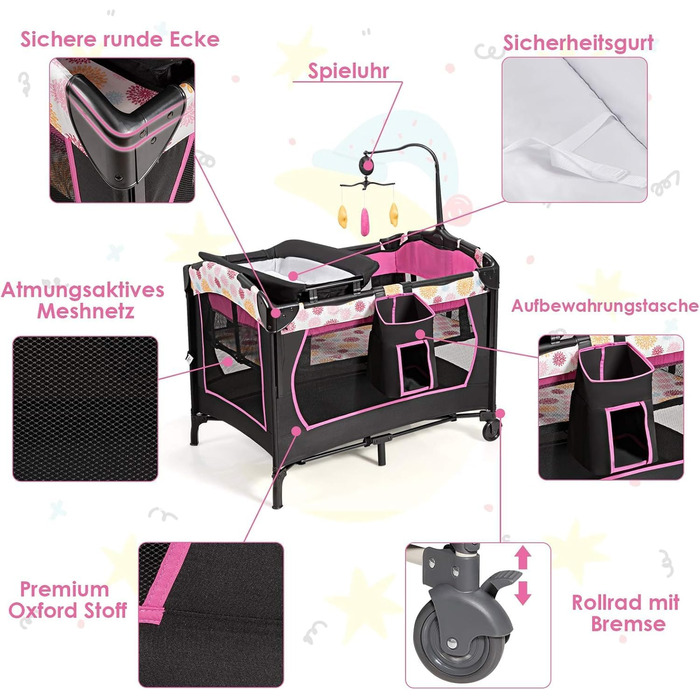 Складане дорожнє ліжечко FANTASK 4-в-1 до 15 кг, мобільна колиска, приліжкове ліжечко, пеленальний столик та манеж, дитяче ліжечко з регульованою висотою на 2 рівнях з сумкою для перенесення, матрацом та музичним мобільним пристроєм