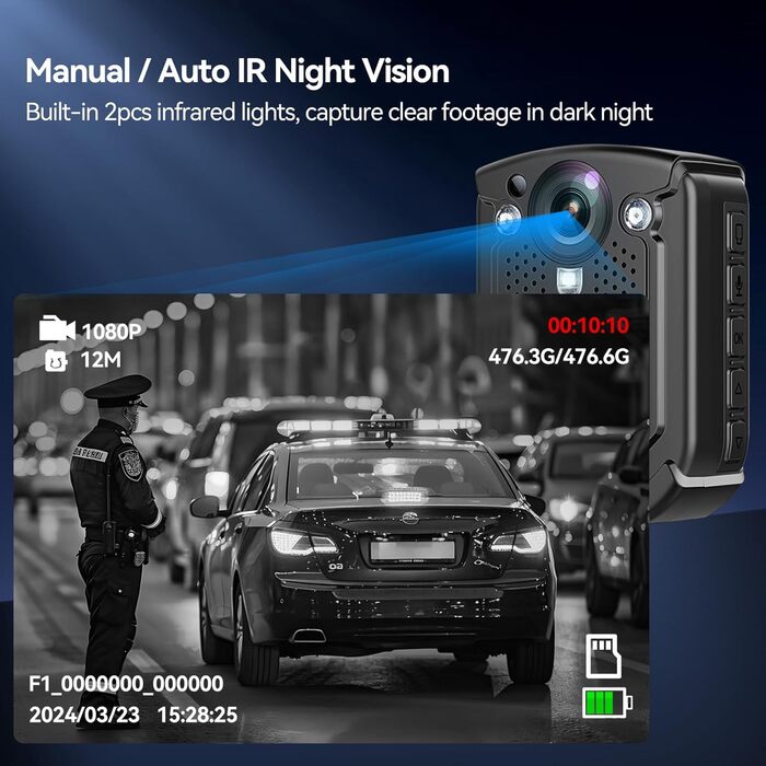 Годин відеозапису, IP68 Водонепроникність, H.265 Video Code, Night Vision Bodycam, Натільна камера, що можна носити, з 2 кліпсами, що обертаються на 360 (з 64 ГБ TF-картою), 1 HD 3840 * 2160P Body Cam, 10-12