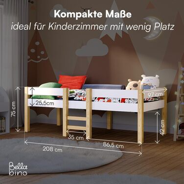 Дитяче ліжко Bellabino Aspy 90x200 см Двоярусне ліжко з поручнями та рейковою основою Ліжко середнього класу з драбиною з масиву сосни білого/натурального кольору Дитяче ліжко для хлопчиків та дівчаток без матраца білого кольору - Без шухляд
