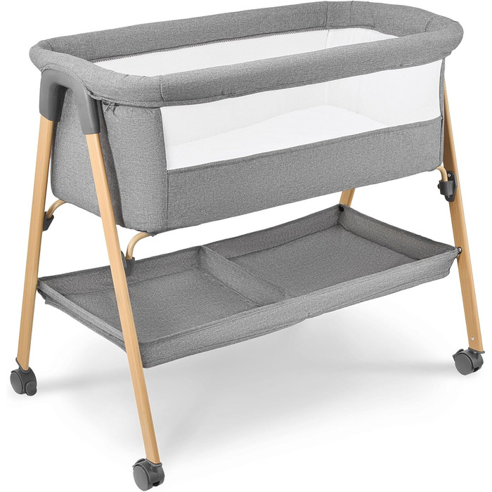 Дитяче ліжечко Moby-System Mili Дорожнє ліжечко 06 місяців, Складане з матрацом, Сітчасті боковини, Місце для зберігання, Колеса з гальмом, Легке та стійке, Сірого кольору, Для новонароджених, Приліжкове ліжечко без свердління, Макс. 9 кг.