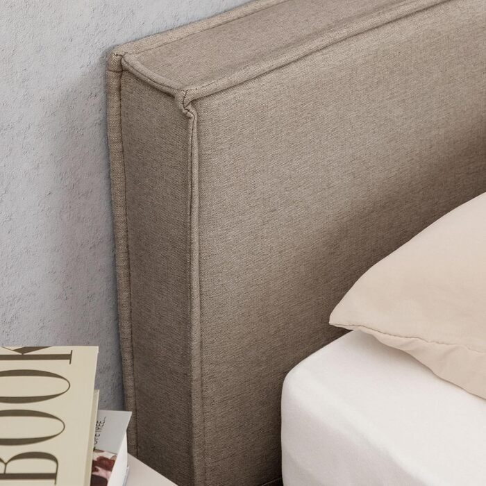 Ліжко IDIMEX Pesaro з м&39якою оббивкою 140x200 см, сірий колір каркас ліжка з рейковою основою, міцний чохол з тканини під лляну тканину, сучасне двоспальне ліжко з узголів&39ям для спальні