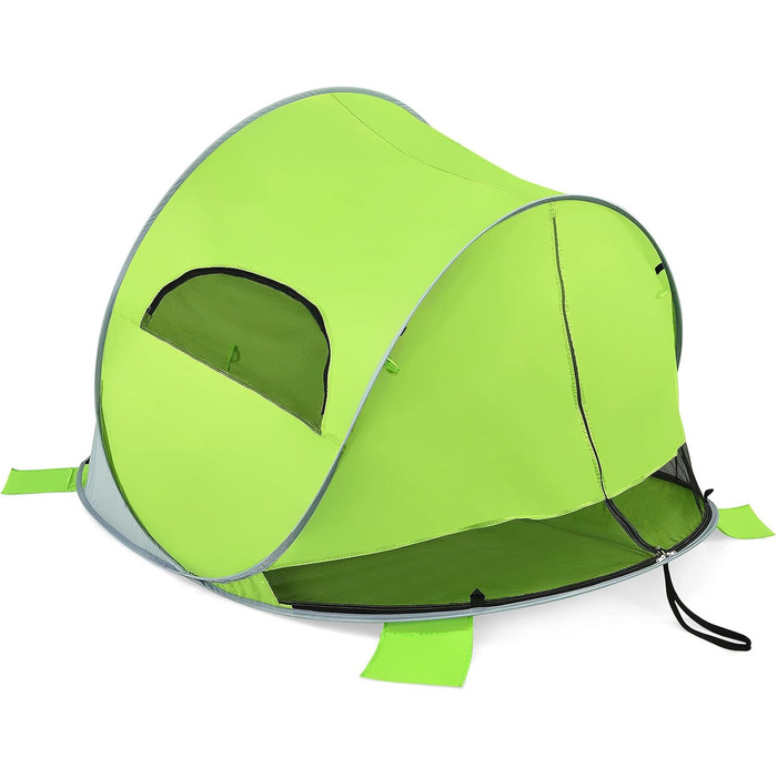 Пляжний намет GYMAX Pop-Up для 3-4 осіб, автоматичний пляжний намет із захистом від ультрафіолету 50, розкладний намет із дверима на блискавці та вентиляційним вікном, у комплекті сумка для перенесення, для кемпінгу на пляжі, зелений