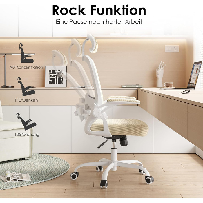 Ергономічне офісне крісло Farini, регульоване по висоті офісне крісло з підголівником, зручне крісло для домашнього офісу, комп&39ютерне крісло, крісло керівника з підлокітниками, вантажопідйомність 150 кг, бежеве комп&39ютерне крісло з колесами та підгол