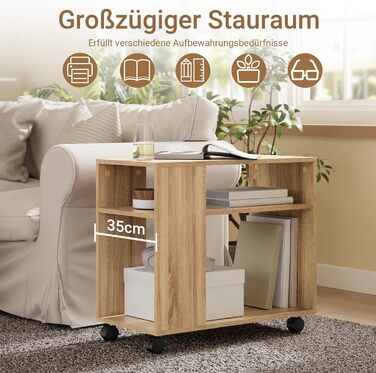 Журнальний столик SoBuy з колесами, 2-ярусний журнальний столик на колесах з відділеннями для зберігання, мобільна книжкова полиця для вітальні, спальні, офісу, Д70 x Ш35 x В60 см, натуральний колір FBT34-N