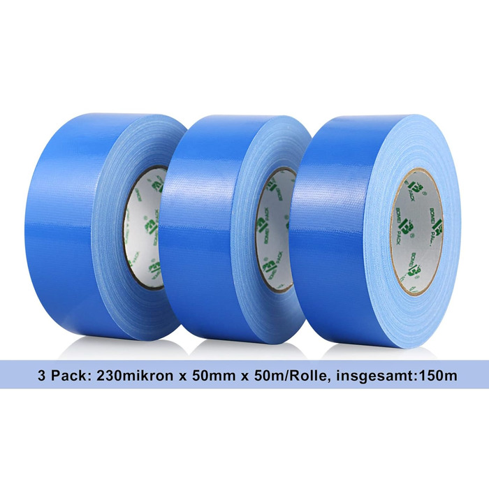 Рулони синьої клейкої стрічки - Водонепроникна клейка стрічка для внутрішнього та зовнішнього використання - Тканинна стрічка 50 м x 50 мм (Синя), 3