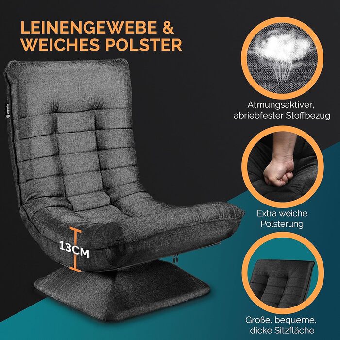 Крісло Casaria з регульованою спинкою, поворот на 360, складне, вантажопідйомність 150 кг, 60x105x87 см, м&39яке, ігрове крісло для вітальні, чорне