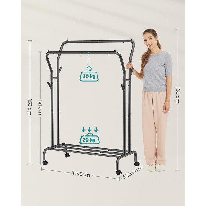 Вішалка для одягу на колесах, 2 шт. анги для одягу, Гардеробна штанга, Вішалка для одягу виготовлена з сталевих труб, Вантажопідйомність до 100 кг, Ширина 103,5 см, Багатофункціональне місце для зберігання, Чорний HSR107B01 Чорний 2 шт. анги