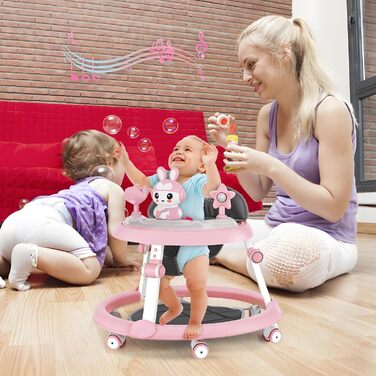 Дитячі ходунки 3 в 1 з килимком на підлозі, шасі з 6 коліс та захистом від перекидання, регульована висота, ходунки з музичним підносом та іграшками, складаються для зручного зберігання, ідеально підходять для хлопчиків, рожеві