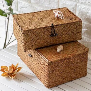 Ротанговий кошик з кришкою, кошик для зберігання з 3 предметів з натуральної морської трави, багатофункціональний кошик для зберігання, плетені полиці-кошики (B)