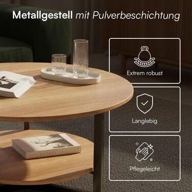 Круглий журнальний столик Skølm Drakkar Ø70 см стіл для вітальні з масиву дуба та металевого каркасу диванний столик з 2 полицями невеликий промаслений бічний столик дерев&39яний стіл для вітальні з місцем для зберігання журнальний столик