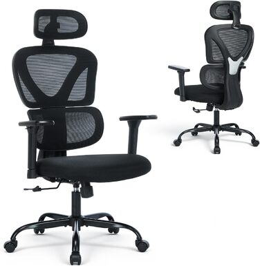 Ергономічне офісне крісло COLAMY Зручне робоче крісло з подушкою сидіння 9,5 см, 3D-підлокітниками, регульованим підголівником, для офісу, домашнього офісу та кабінету, чорний Black-01