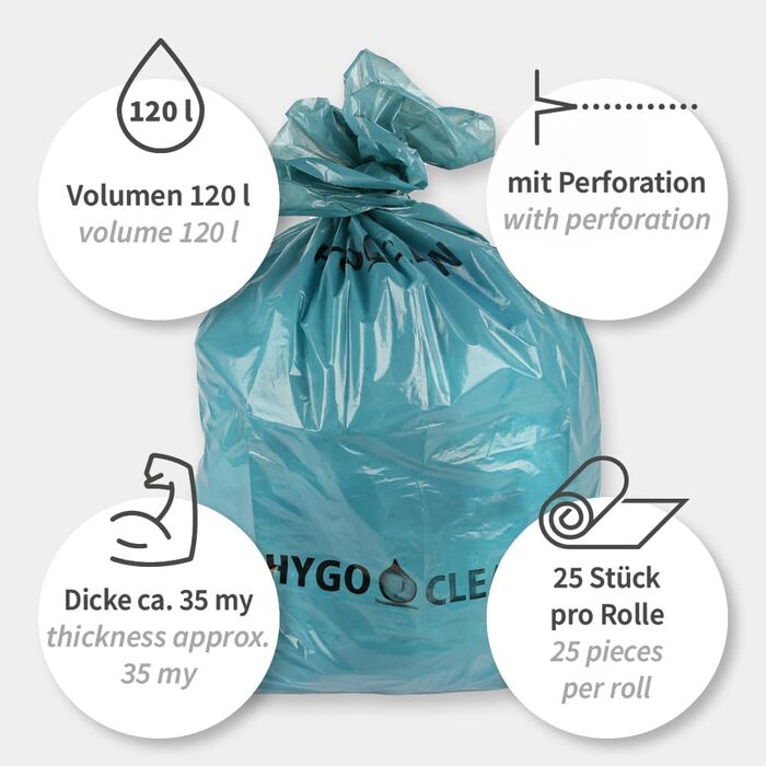 Сміттєві пакети Franz Mensch HygoClean Eco, 120 л, сині, 100 шт. LDPE, у рулоні, сміттєві пакети, довжина 110 см x ширина 70 см, сміттєвий пакет на 120 літрів, надзвичайно міцний