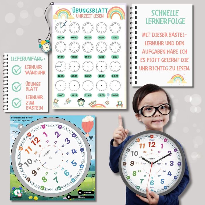 Настінний годинник Bada Bing Montessori для дітей - навчальний годинник без звуків цокання - аналоговий дитячий годинник для вивче