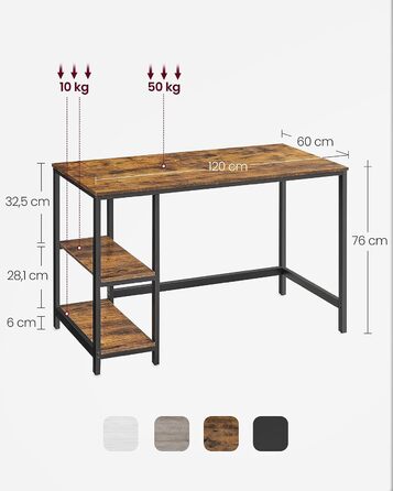 Стіл VASAGLE, комп'ютерний стіл, стіл для ПК, офісний стіл, з 2 полицями з правого або лівого боку, для офісу, вітальні, сталевий