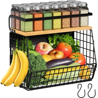 Магнітна підставка для холодильника Ofiray-home з дерев&39яною кришкою - Великий металевий кошик для фруктів, цибулі, картоплі та організації комори - Магнітна підставка для спецій для холодильника 1