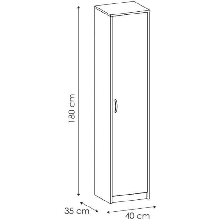 Шафа з 5 полицями - Шафа шириною 40 см, висотою 185 см, глибиною 35 см - Спальня, дитяча кімната, білизняна шафа, ванна кімната - 1 дверцята, білий
