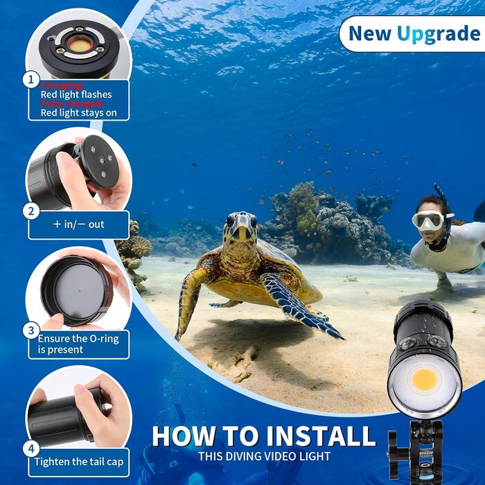 Підводний відеоліхтар L12 7500 люменів - Професійний відеоліхтар для дайвінгу з CRI 90, білим світлом 6000K, акумуляторний USB-C, для дайвінгу/підводної фотозйомки (водонепроникність IP68, глибина занурення 100 м) Знімний акумулятор (заряджання через USB-