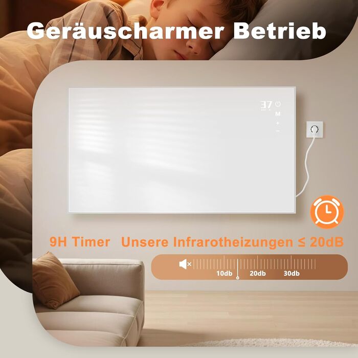 Інфрачервоний настінний обігрівач 450 Вт, настінний інфрачервоний обігрівач із захистом від перегріву та пультом дистанційного керування, 9-годинний таймер, тихий енергозберігаючий електричний обігрівач для спальні, ванної кімнати, офісу площею 10-15 м, 4