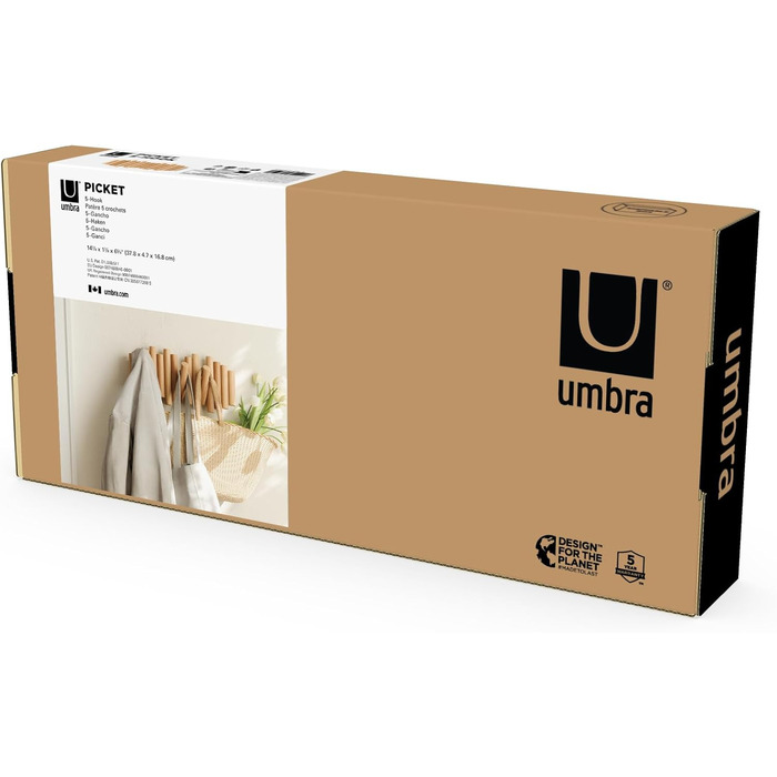 Вішалка Umbra Picket - Вішалка та сучасна прикраса для стін з 5 відкидними гачками, виготовленими з шліфованої сосни, натуральної