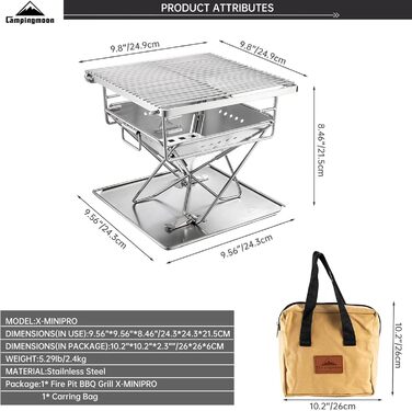 Портативний гриль Campingmoon, складне вогнище для вулиці, дров&39яна піч з нержавіючої сталі для 1-2 осіб з сумкою для перенесення X-MINI-PRO Міні-гриль на деревному вугіллі CM-X-MINI-PRO